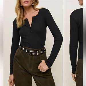 Reformation Jayden rib Henley Black Long Sleeve Top size S